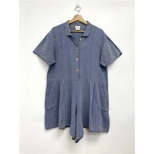 Vintage Flax Linen Romper Button-Front Oversized Coastal Collared Relaxed Small